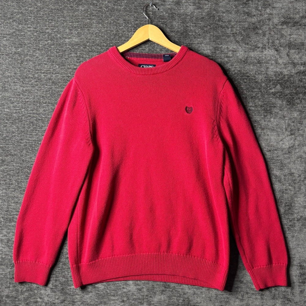 Chaps Mens Red Cotton Knit Crewneck Sweater Size Large Embroidered Logo Preppy